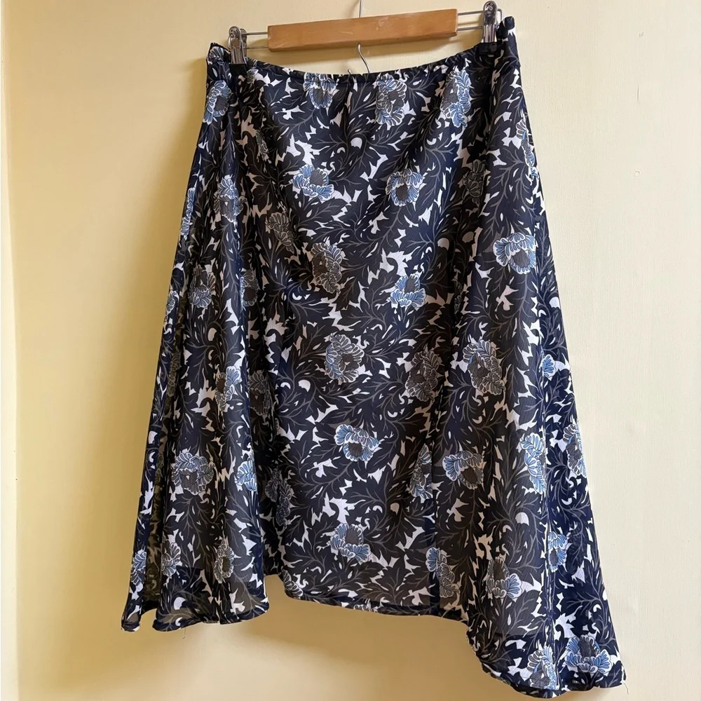 Worthington Asymmetrical Skirt Black Tan Cream Brown Blue Print XL Pre~Loved